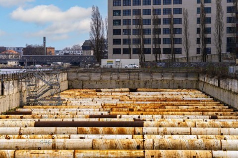 Excavation pit at a major construction site in Treptow, Berlin, Germany, Europe