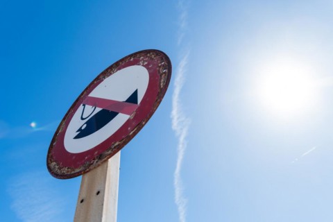 No fishing sign on the Moll de Llevant promenade, a 4.5km long promenade for joggers, walkers,