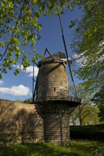 Town wall with mill tower of the historic windmill in Zons, Dormagen, Lower Rhine, North