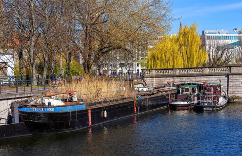 Fisherman's Island, old barges and ships at the historic harbour, Berlin, Germany, Europe