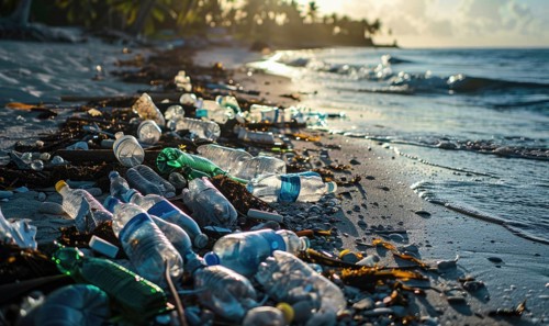 Beach littered with plastic bottles and garbage, ecological problems AI generated