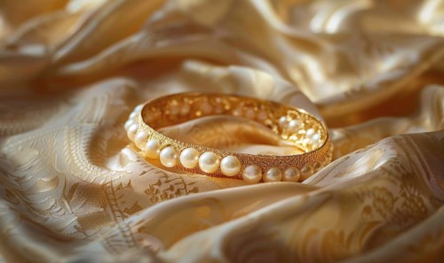 A pearl bangle bracelet with intricate detailing laid out on a smooth satin material background AI