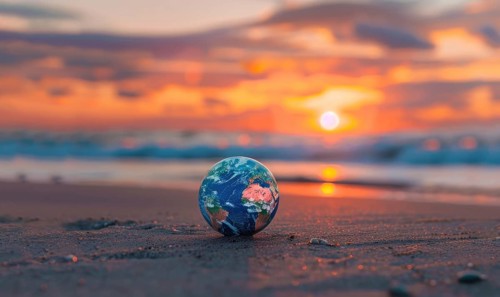 A picture of an Earth globe sitting on a sandy beach with a vibrant sunset sky in the background AI