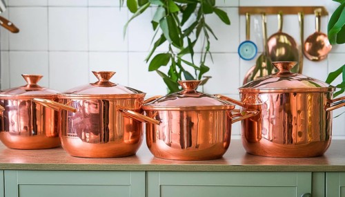 Metal, copper, copper crockery in the kitchen, copper pots, cooking pot
