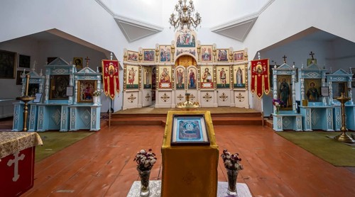 Interior view with altar, Tserkov Russian Orthodox Church, Teploklyuchenka, Kyrgyzstan, Asia