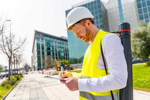 Smart architect writing notes standing in the city wearing safety yellow reflective waistcoat,