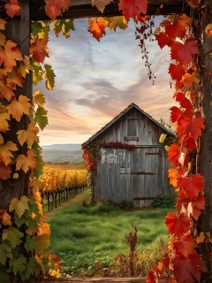 Rustic vineyard cottage nestled in a canopy of vines leaves showcasing autumns color palette in the