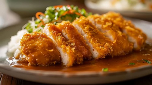 Crispy katsu on top of rice with Japanese curry and parsley garnish, AI generated