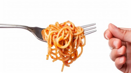 Close-up of a fork twirling spaghetti with tomato sauce against a white background, AI generated