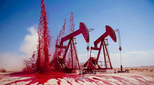Oil rig pumping blood from the earth. Concept of earth resource exploitation and corporate greed,