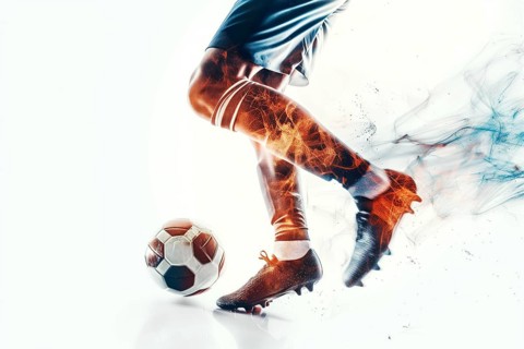 A soccer player dribbles and kicks a ball on a field double exposure style, AI generated