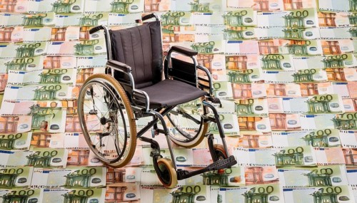 Symbolic long-term care insurance, care costs, disability, a wheelchair stands on a surface of euro