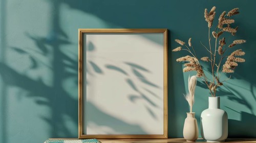 Empty frame against a green wall with dry plants and a vase in sunlight, AI generated