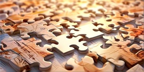 Illustration of scattered puzzle pieces sprawled across as a wallpaper background, AI generated