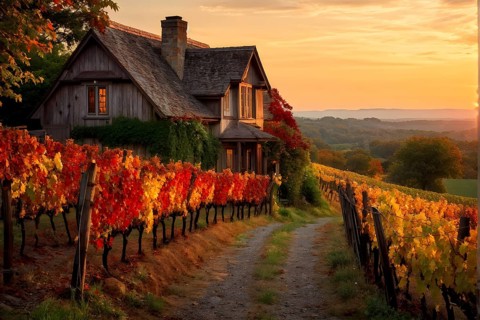 Rustic vineyard cottage nestled in a canopy of vines leaves showcasing autumns color palette in the