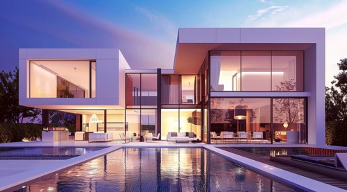 Exterior of private house luxury villa. Modern architecture real estate with swimming pool, AI