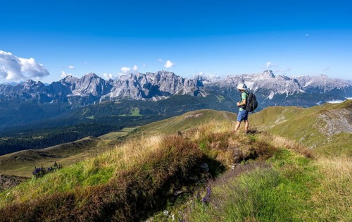 Mountaineers on a hiking trail between green mountain meadows, mountain panorama, view of rocky