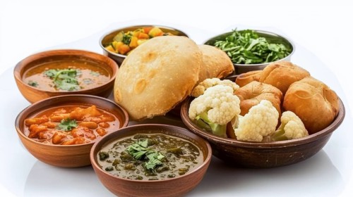Assorted Indian dishes in pottery bowls served with fluffy naan bread, AI generated