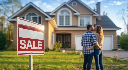 House for sale. Happy new buyer couple stand in front of modern luxury real estate intending to