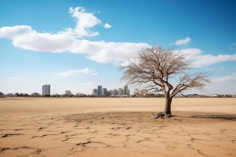 Drought climate change ecology solitude concept, dry dead tree in desert with a dry, cracked ground