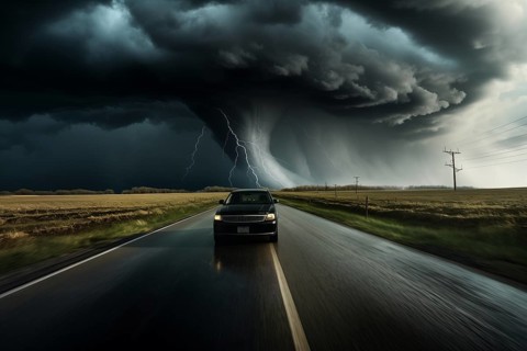 Disaster catastrophe storm concept, tornado in a field in the USA with car on road escaping tornado