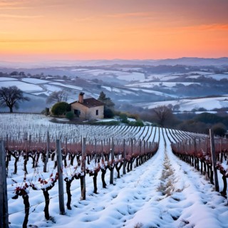 Rustic vineyard cottage in a winter vineyard landscape with snow, AI generated