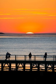 Silhouettes of several people on the pier free canal, jetty, couple and individuals watching the