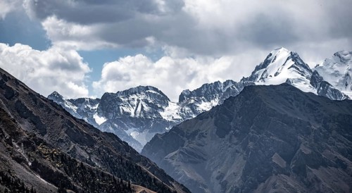 Glaciated and snow-covered mountain peaks, Tian Shan, Sky Mountains, Engilchek Valley, Kyrgyzstan,