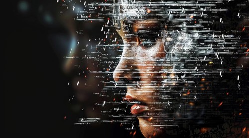 Human beings morphing into code. The concept of cyborg and AI becoming sentient, AI generated