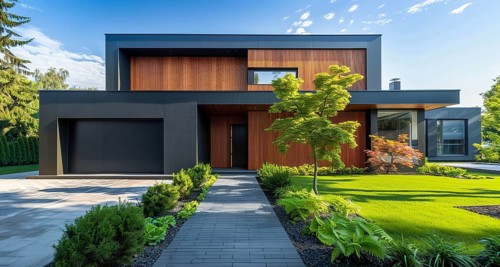 Modern private villa architecture of a house. Luxury property for sale in an upscale community, AI