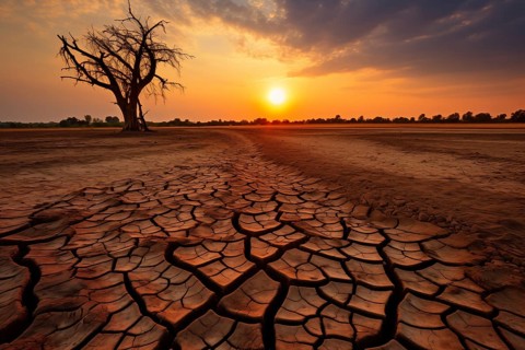 Drought climate change ecology solitude concept, dry dead tree in desert with a dry, cracked ground