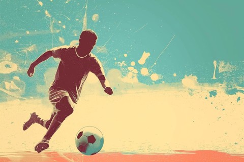 A soccer player dribbles and kicks a soccer ball. Abstract vintage grungy poster style with muted