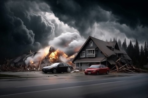 A car is in front of a destroyed by disaster house that is on fire, AI generated