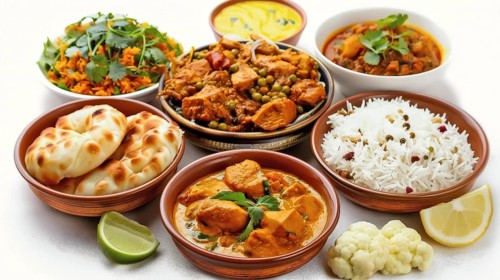 Vibrant Indian dishes in clay bowls with fresh garnishes, including naan and basmati rice, AI