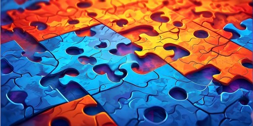 Illustration of scattered blue and orange puzzle pieces sprawled across as a wallpaper background,