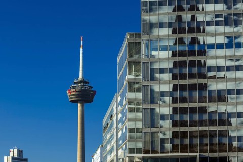 Office tower KoelnTurm, Mediapark, behind it the TV tower, Cologne, Rhineland, North