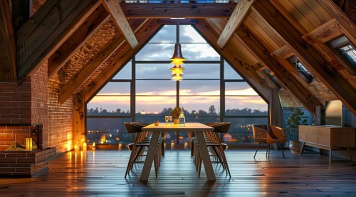 Luxury remodeled and renovated attic with rustic furniture and modern look in a private house, AI