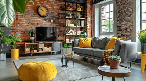 Modern living room in a condo or loft with modern trendy furniture a grey couch and yellow pillows,