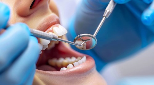 Woman with open mouth has teeth examined during checkup and fixed by a dentist in dental clinique,