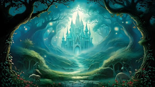AI generated enchanted forest illustration intertwining trees aglow with magical light