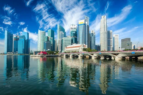 Singapore business district skyscrapers skyline and Marina Bay in daytime