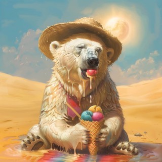 A polar bear with ice cream sits in a hot puddle in the desert, wearing a straw hat, and the hot