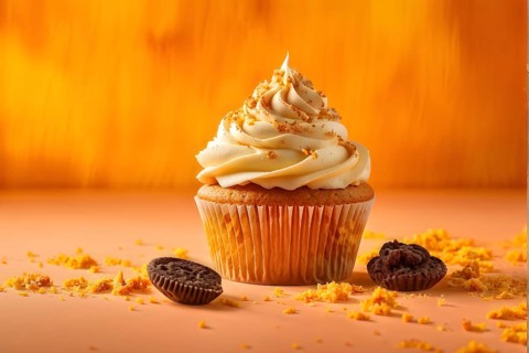 Cupcake with frosting swirls against orange background, AI generated