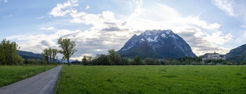 Evening mood, field path near a meadow, Grimming, Trautenfels Castle, panoramic shot, near Irdning,
