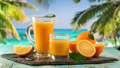 Two glasses of orange juice with half an orange, palm trees and the sea in the background, AI
