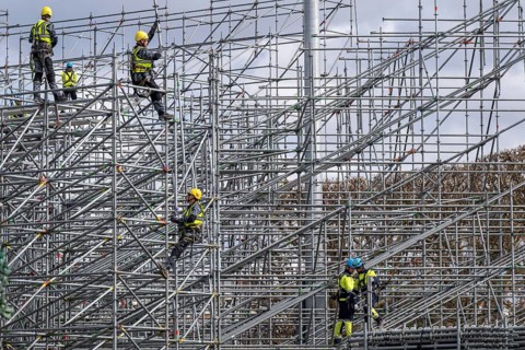 Construction workers on scaffolding, preparations for the Olympic Games in Paris 2024, Paris,