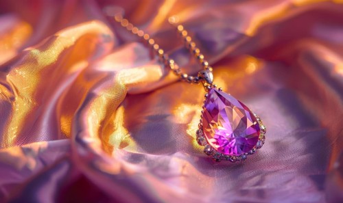 A stunning gemstone pendant suspended on a delicate chain against a backdrop of silky satin