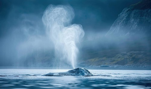 A serene scene of a gray whale spouting mist into the air as it surfaces AI generated
