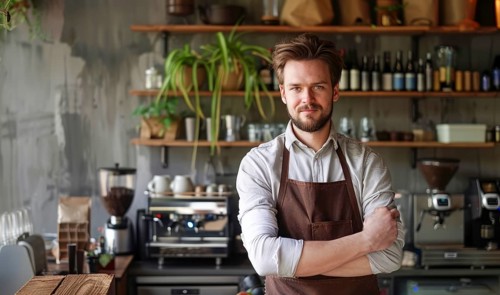 Small business owner stands in front of a counter with apron on and a smile on his face, AI