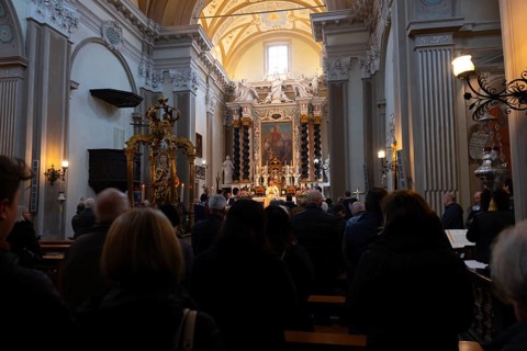 People Praying Inside the Church of San Nazzaro (Croglio) in Castelrotto, Ticino, Switzerland,